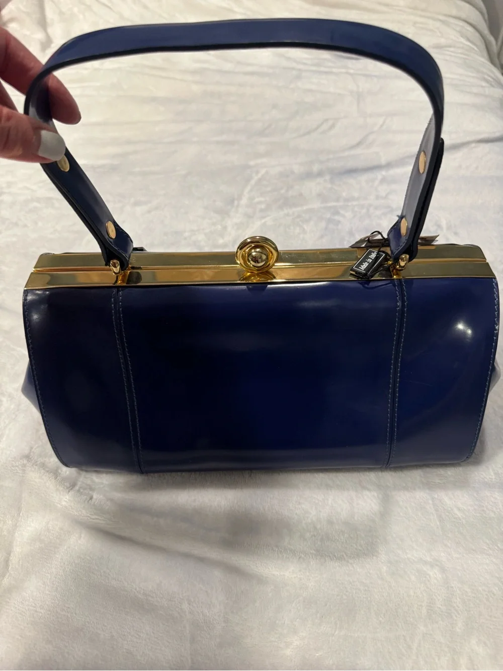 Alberta Di Canio Navy Blue Leather Satchel with Gold Hardware